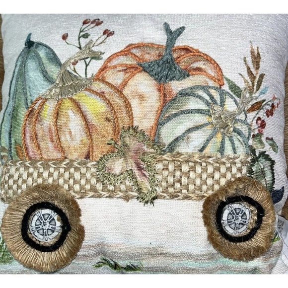 2 Throw Pillow Pumpkin Autumn Hill Thanksgiving Beaded Embroidered Fall Decor - Picture 6 of 10